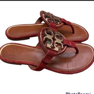 Tory Burch Burgundy red gold metal logo suede apple 7 M women good used conditon